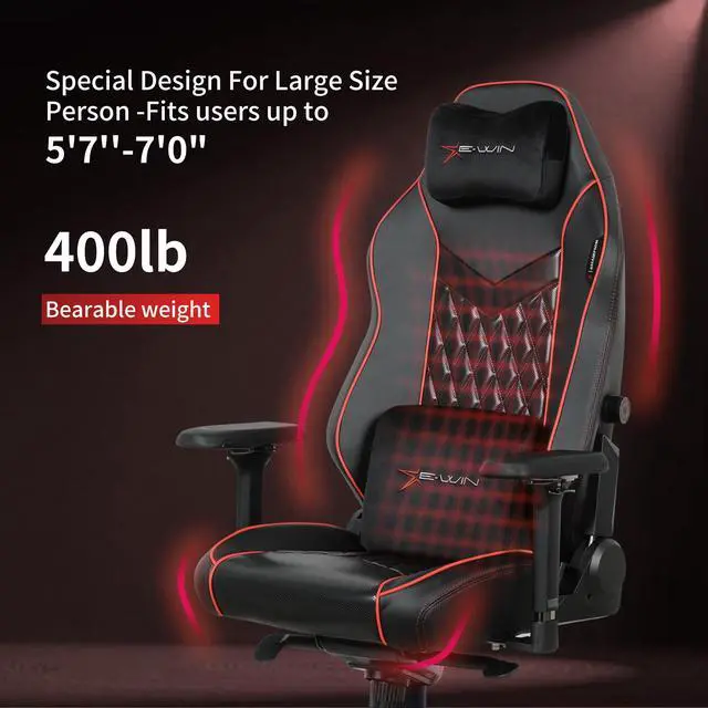 Alt view image 5 of 7 - E-WIN 400LB Racing Style Gaming Chair,Height Adjustable  Computer Chair with Magnetic Head Pillow and Lumbar Support, Adjustable Armrest-Black&Red