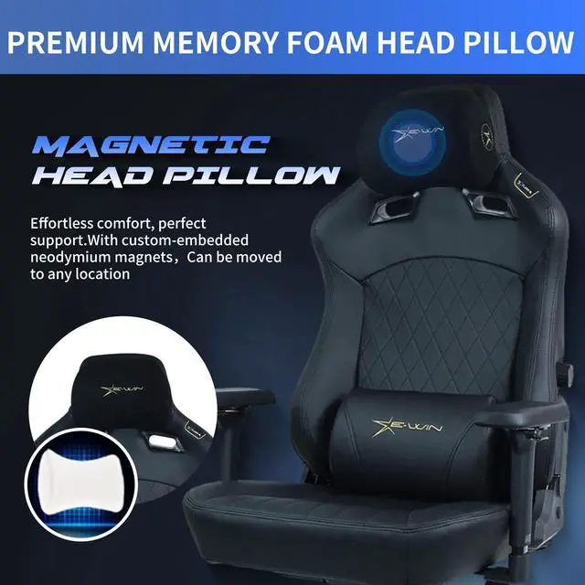 Alt view image 4 of 7 - E-WIN 550LB Gaming Chair,Big and Tall Computer Chair for  Adults,Ergonomic Office Chair with Magnetic Head Pillow,Thickened Seat Cushion-Black