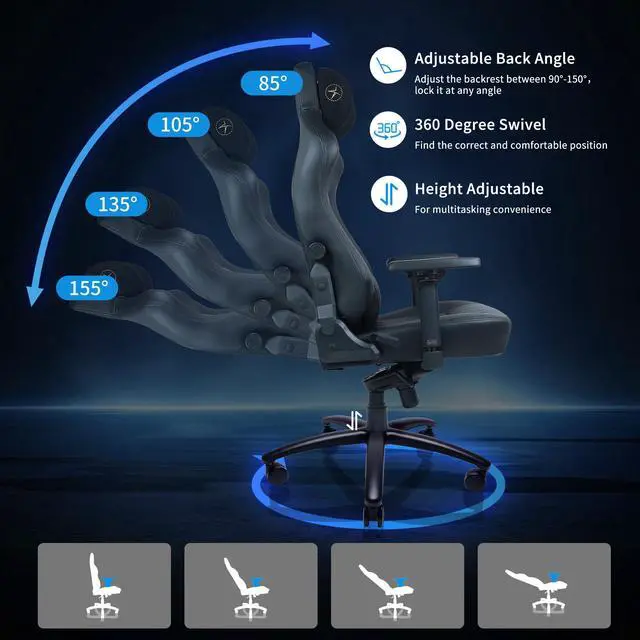 Alt view image 2 of 7 - E-WIN 550LB Gaming Chair,Big and Tall Computer Chair for  Adults,Ergonomic Office Chair with Magnetic Head Pillow,Thickened Seat Cushion-Black