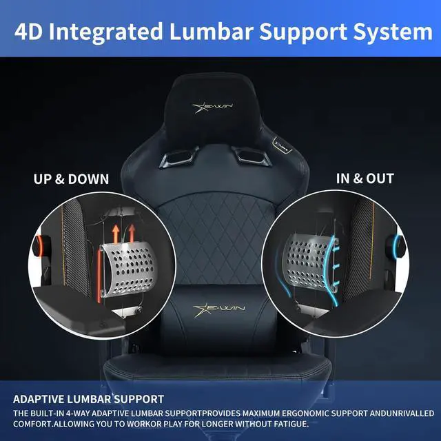Alt view image 3 of 7 - E-WIN 550LB Gaming Chair,Big and Tall Computer Chair for  Adults,Ergonomic Office Chair with Magnetic Head Pillow,Thickened Seat Cushion-Black