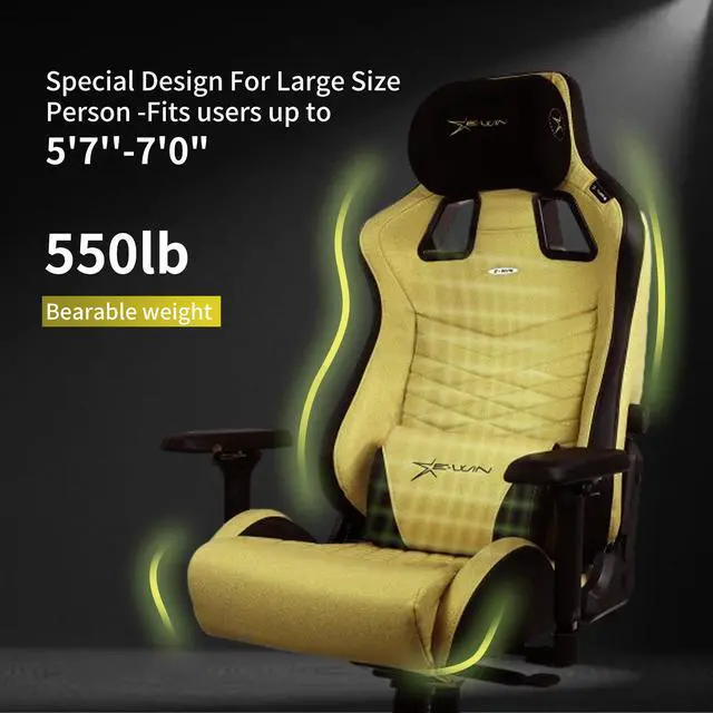 Alt view image 5 of 7 - E-WIN 550LB Gaming Chair,Big and Tall Computer Chair for  Adults,Ergonomic Office Chair with Magnetic Head Pillow,Thickened Seat Cushion-Gold