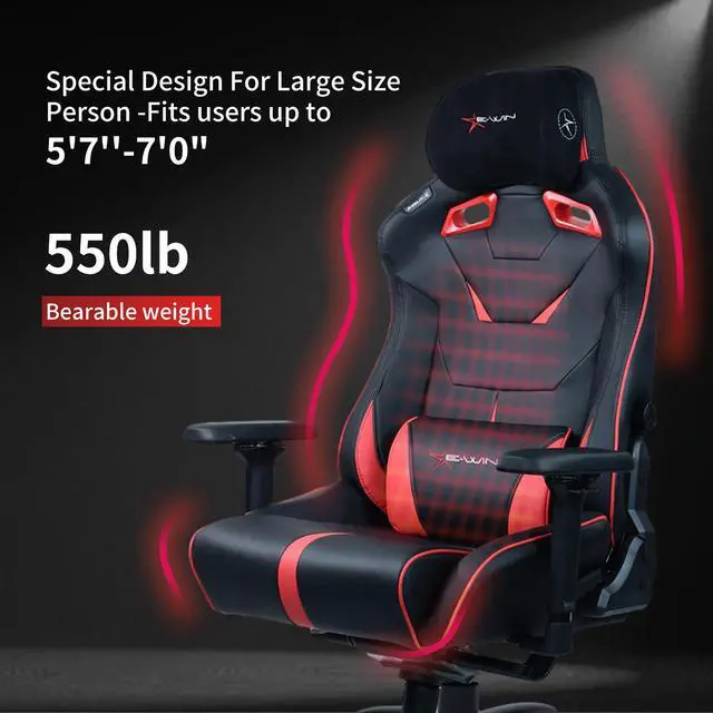 Alt view image 3 of 6 - E-WIN 550LB Ergonomic Gaming Chair,Big and Tall Computer Chair for Heavy People,Office Chair with Magnetic Head Pillow-Black/Red