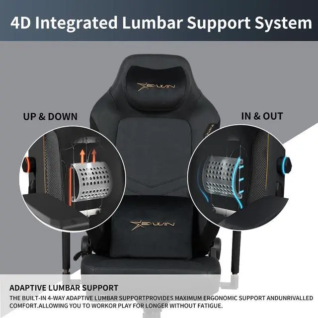 Alt view image 3 of 7 - E-WIN 550LB Gaming Chair,Big and Tall Computer Chair for  Adults,Ergonomic Office Chair with Magnetic Head Pillow,Thickened Seat Cushion-Black