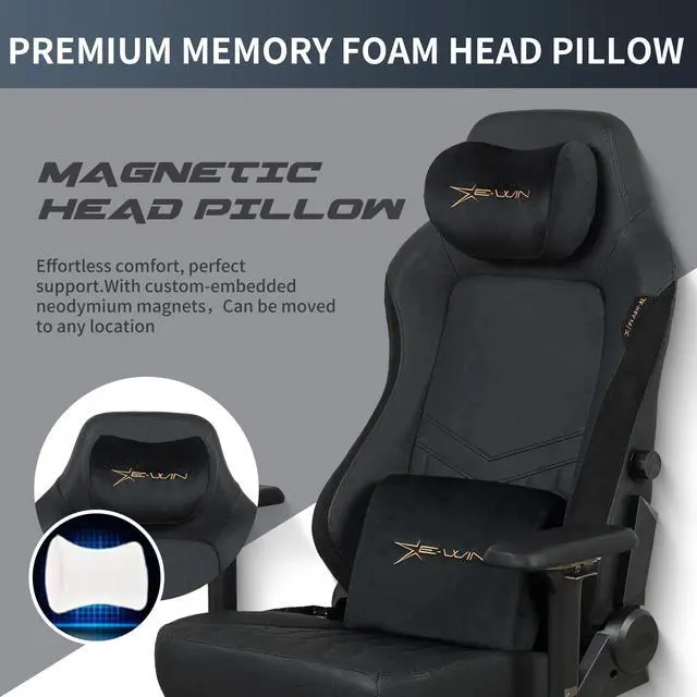 Alt view image 4 of 7 - E-WIN 550LB Gaming Chair,Big and Tall Computer Chair for  Adults,Ergonomic Office Chair with Magnetic Head Pillow,Thickened Seat Cushion-Black