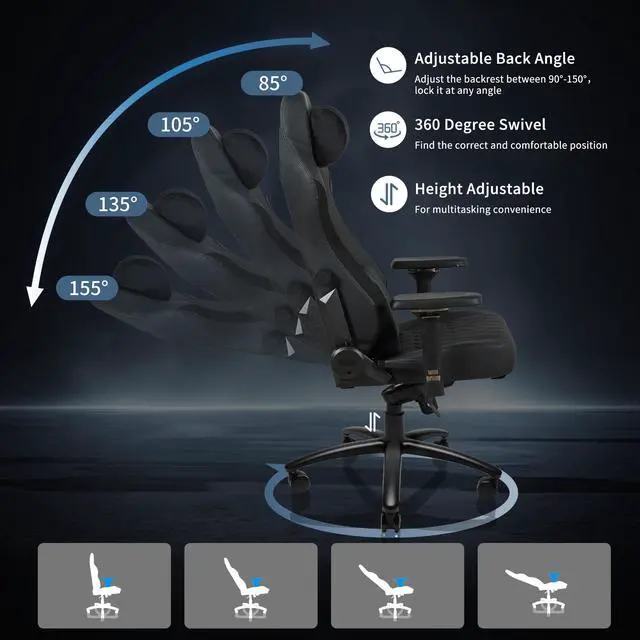 Alt view image 2 of 7 - E-WIN 550LB Gaming Chair,Big and Tall Computer Chair for  Adults,Ergonomic Office Chair with Magnetic Head Pillow,Thickened Seat Cushion-Black