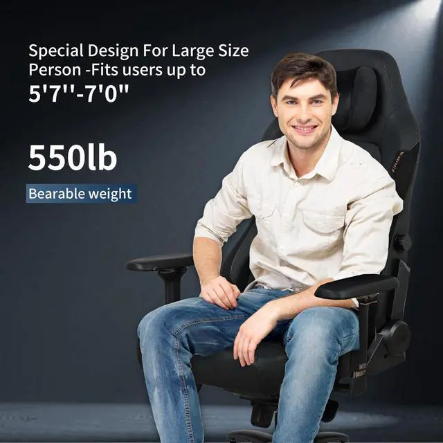 Alt view image 6 of 7 - E-WIN 550LB Gaming Chair,Big and Tall Computer Chair for  Adults,Ergonomic Office Chair with Magnetic Head Pillow,Thickened Seat Cushion-Black