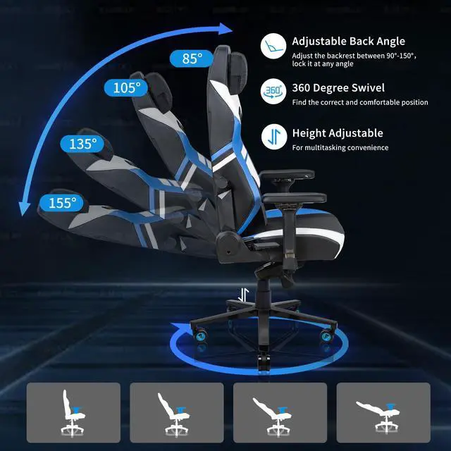 Alt view image 2 of 7 - E-WIN 400LB Racing Style Gaming Chair,Height Adjustable Computer Chair with Magnetic Head Pillow and Lumbar Support, Adjustable Armrest-Black/Blue