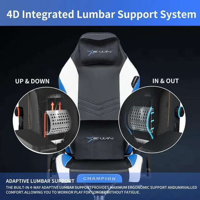 Alt view image 3 of 7 - E-WIN 400LB Racing Style Gaming Chair,Height Adjustable Computer Chair with Magnetic Head Pillow and Lumbar Support, Adjustable Armrest-Black/Blue