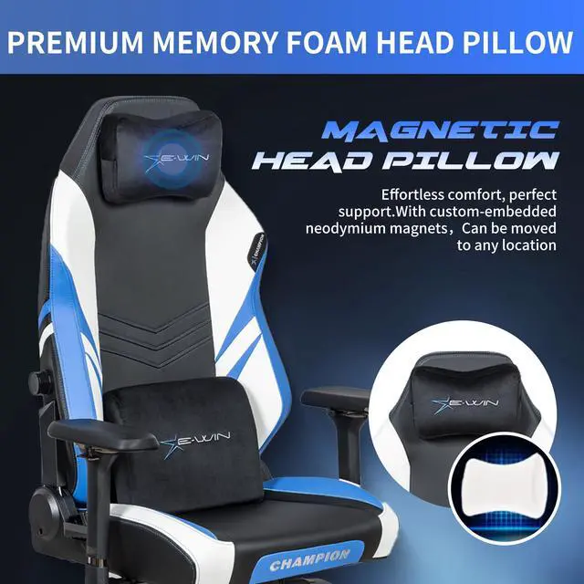 Alt view image 4 of 7 - E-WIN 400LB Racing Style Gaming Chair,Height Adjustable Computer Chair with Magnetic Head Pillow and Lumbar Support, Adjustable Armrest-Black/Blue