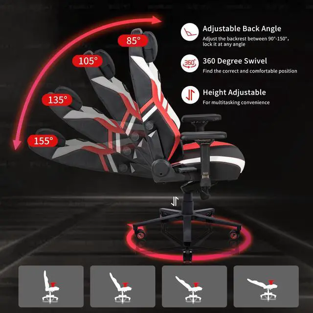 Alt view image 2 of 7 - E-WIN 400LB Racing Style Gaming Chair,Height Adjustable Computer Chair with Magnetic Head Pillow and Lumbar Support, Adjustable Armrest-Black / Red