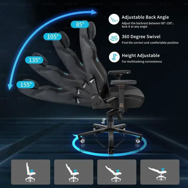 Alt view image 2 of 7 - E-WIN 400LB Racing Style Gaming Chair,Height Adjustable Computer Chair with Magnetic Head Pillow and Lumbar Support, Adjustable Armrest-Black/Blue