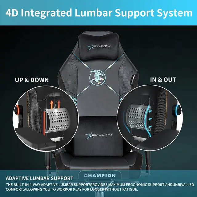 Alt view image 3 of 7 - E-WIN 400LB Racing Style Gaming Chair,Height Adjustable Computer Chair with Magnetic Head Pillow and Lumbar Support, Adjustable Armrest-Black/Blue