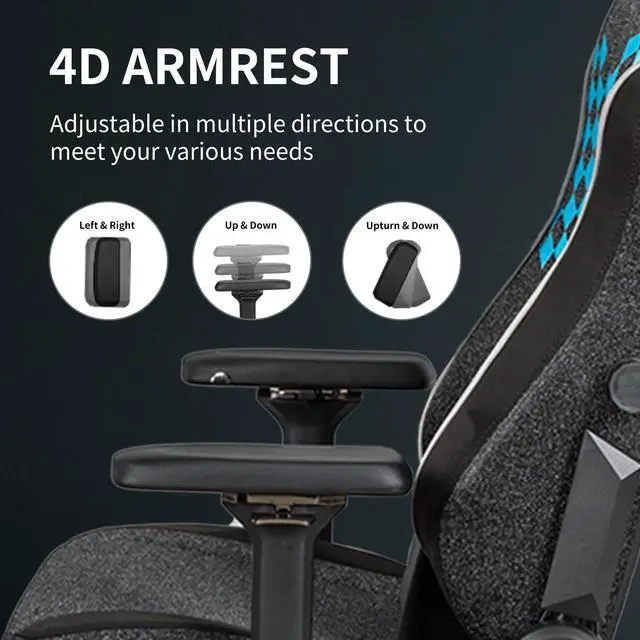 Alt view image 6 of 7 - E-WIN 550LB Gaming Chair,Big and Tall Computer Chair for Adults,Ergonomic Office Chair with Magnetic Head Pillow,Thickened Seat Cushion-Grey/Blue