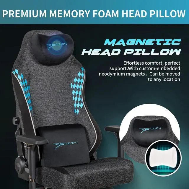 Alt view image 4 of 7 - E-WIN 550LB Gaming Chair,Big and Tall Computer Chair for Adults,Ergonomic Office Chair with Magnetic Head Pillow,Thickened Seat Cushion-Grey/Blue