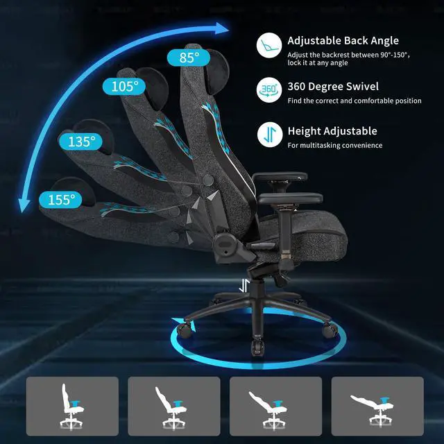 Alt view image 2 of 7 - E-WIN 550LB Gaming Chair,Big and Tall Computer Chair for Adults,Ergonomic Office Chair with Magnetic Head Pillow,Thickened Seat Cushion-Grey/Blue