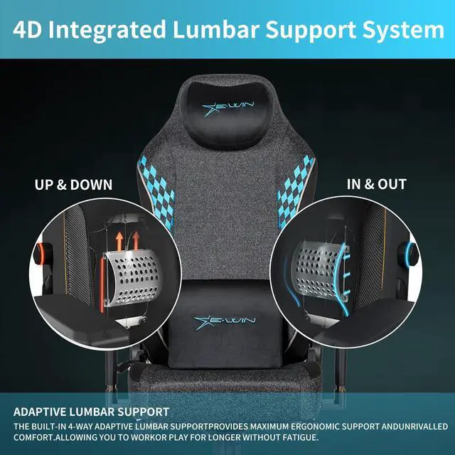 Alt view image 3 of 7 - E-WIN 550LB Gaming Chair,Big and Tall Computer Chair for Adults,Ergonomic Office Chair with Magnetic Head Pillow,Thickened Seat Cushion-Grey/Blue