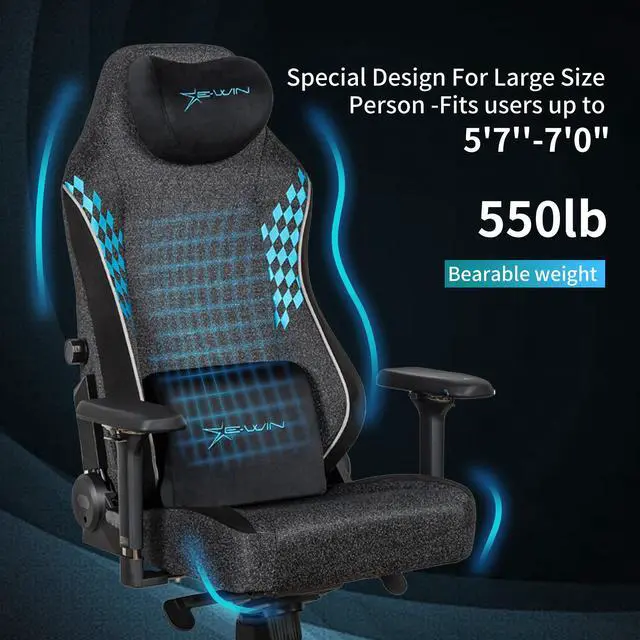 Alt view image 5 of 7 - E-WIN 550LB Gaming Chair,Big and Tall Computer Chair for Adults,Ergonomic Office Chair with Magnetic Head Pillow,Thickened Seat Cushion-Grey/Blue