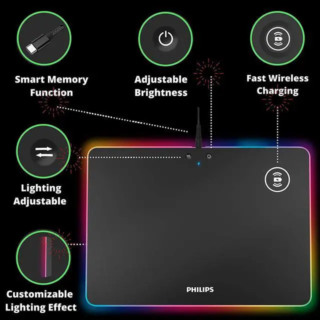 Alt view image 3 of 10 - PHILIPS Gaming Mouse Pad Non-Slip Rubber Base, Adjustable Brightness and Wireless Charging for Laptop Computer PC Games (13.9 x 10 inch)