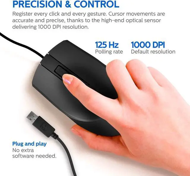 Alt view image 3 of 7 - Philips USB Optical Mouse for Home or Office — 1000 DPI 3-Button High-Performance Optical LED Sensor | Ergonomic Palm-Grip, (SPK7104) eases hand and wrist ftigue