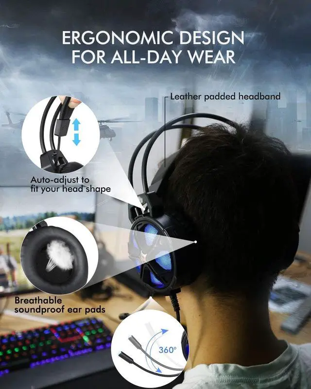 Alt view image 5 of 7 - HP Gaming Headset with Bass Surround Sound, LED Light and Noise isolating Over Ear Headphone with mic Plus 3.5mm USB Cable for Laptop Mac Nintendo Switch Games, All Day Comfort