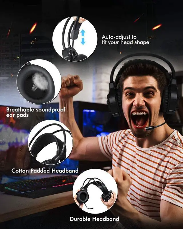 Alt view image 6 of 7 - HP Gaming Headset with Bass Surround Sound, LED Light and Noise isolating Over Ear Headphone with mic Plus 3.5mm USB Cable for Laptop Mac Nintendo Switch Games, All Day Comfort