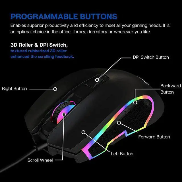 Alt view image 4 of 7 - Philips Wired  Mouse for Gaming RGB Ergonomic Mouse, Programmable Buttons Up to 6400 Adjustable DPI Optical USB PC Computer Mice for Windows PC Gamers Mouse