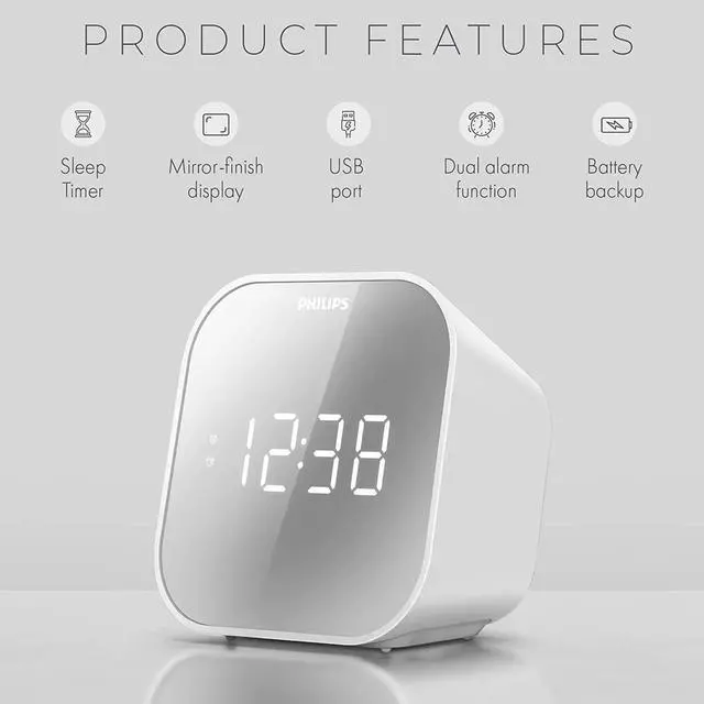 Alt view image 4 of 7 - PHILIPS Alarm Clock Radio with USB Charging Port, FM Radio Alarm Clock with Battery Backup, Clock Radios for Bedroom, USB Port, Dual Alarm Function, Sleep Timer, Easy Snooze and Mirror-Finish Display