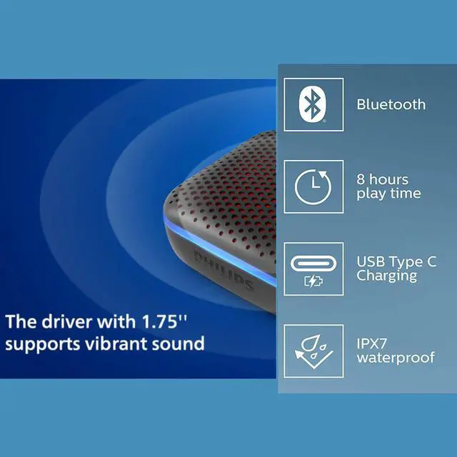 Alt view image 5 of 5 - Philips Small Bluetooth Speakers Portable Wireless, Outdoor Mini Speaker for Traveling Pool Beach Shower, IPX7 Waterproof Speakers Bluetooth Wireless, 10 Hours Play Time