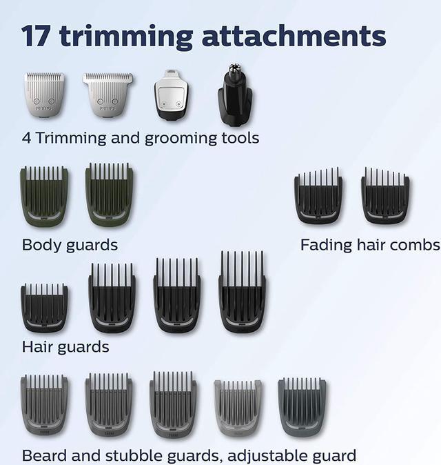 Alt view image 3 of 7 - Philips Norelco Multigroomer All-in-One Trimmer Series 5000, 18 Piece Mens Grooming Kit, for Beard Face, Hair, Body Hair Trimmer for Men, No Blade Oil Needed, MG5750/49