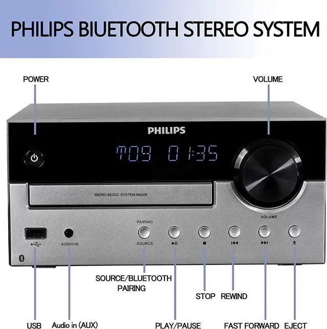 Alt view image 6 of 7 - PHILIPS Bluetooth Stereo System for Home with CD Player, MP3, USB, Audio in, FM Radio, Bass Reflex Speaker, 60W, Remote Control Included G