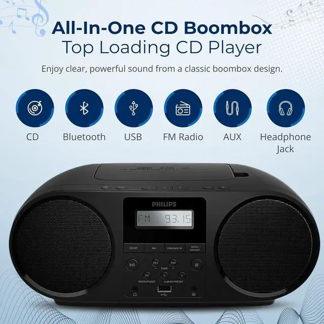 Alt view image 2 of 6 - PHILIPS Portable Bluetooth CD Boombox with FM Radio, Dynamic Bass Boost Stereo Speakers, USB, AUX & Headphone Jack, Compact All-in-One CD Player with MP3/CD-RW