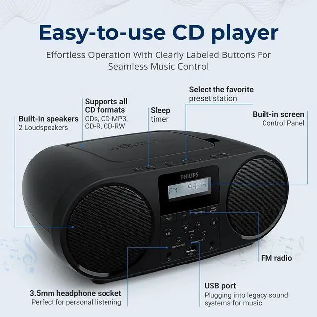 Alt view image 4 of 6 - PHILIPS Portable Bluetooth CD Boombox with FM Radio, Dynamic Bass Boost Stereo Speakers, USB, AUX & Headphone Jack, Compact All-in-One CD Player with MP3/CD-RW