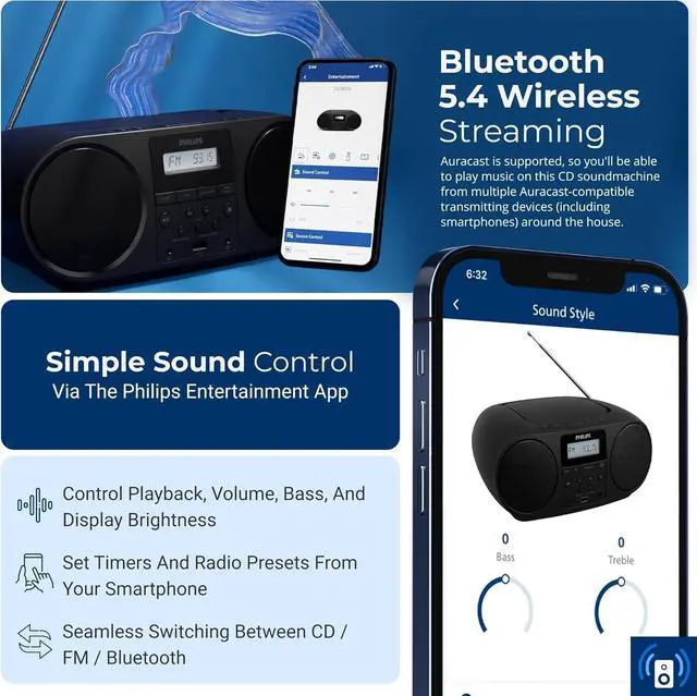 Alt view image 5 of 6 - PHILIPS Portable Bluetooth CD Boombox with FM Radio, Dynamic Bass Boost Stereo Speakers, USB, AUX & Headphone Jack, Compact All-in-One CD Player with MP3/CD-RW