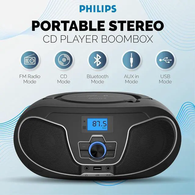 Alt view image 2 of 6 - PHILIPS Portable CD Boombox with Bluetooth, Dynamic Bass Boost, FM Radio, USB & AUX Input, Top-Loading Design, Clear Stereo Sound, CD-RW/MP3 Compatible