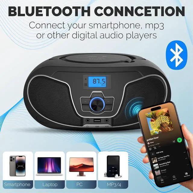 Alt view image 4 of 6 - PHILIPS Portable CD Boombox with Bluetooth, Dynamic Bass Boost, FM Radio, USB & AUX Input, Top-Loading Design, Clear Stereo Sound, CD-RW/MP3 Compatible