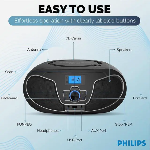 Alt view image 5 of 6 - PHILIPS Portable CD Boombox with Bluetooth, Dynamic Bass Boost, FM Radio, USB & AUX Input, Top-Loading Design, Clear Stereo Sound, CD-RW/MP3 Compatible