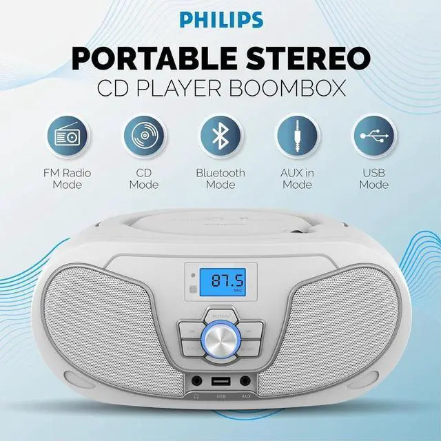 Alt view image 2 of 6 - PHILIPS Portable CD Boombox with Bluetooth, Dynamic Bass Boost, FM Radio, USB & AUX Input, Top-Loading Design, Clear Stereo Sound, CD-RW/MP3 Compatible White