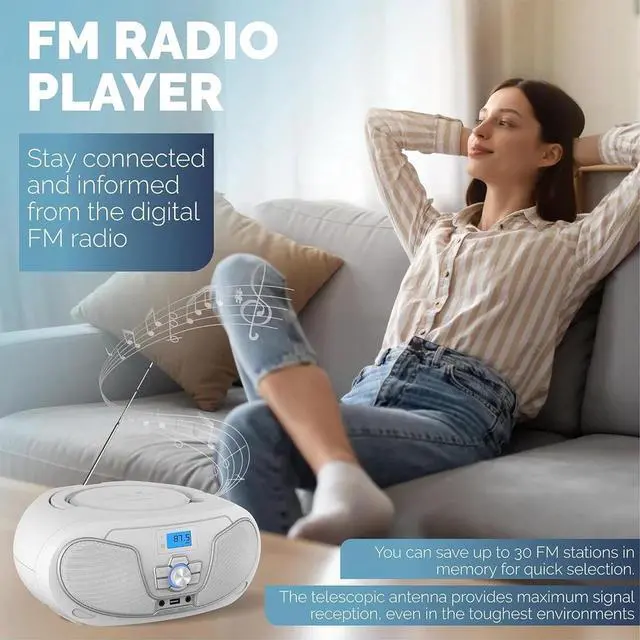 Alt view image 6 of 6 - PHILIPS Portable CD Boombox with Bluetooth, Dynamic Bass Boost, FM Radio, USB & AUX Input, Top-Loading Design, Clear Stereo Sound, CD-RW/MP3 Compatible White