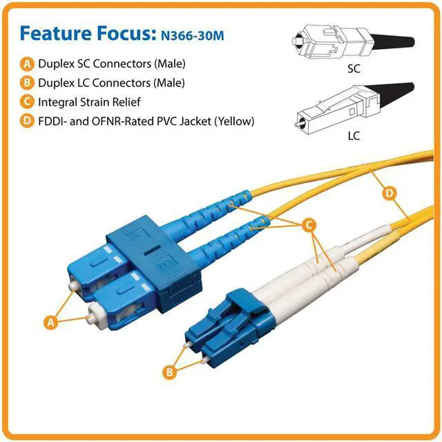 Alt view image 7 of 10 - Tripp Lite N366-30M 100 ft. 30M Duplex Singlemode SSF 8.3/125 Fiber Patch Cable LC/SC 100'