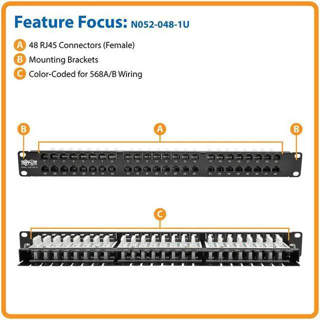 Alt view image 9 of 14 - TRIPP LITE N052-048-1U 48-Port 1U Rack-Mount High-Density UTP 110-Type Patch Panel, RJ45 Ethernet, 568B, Cat5/5e