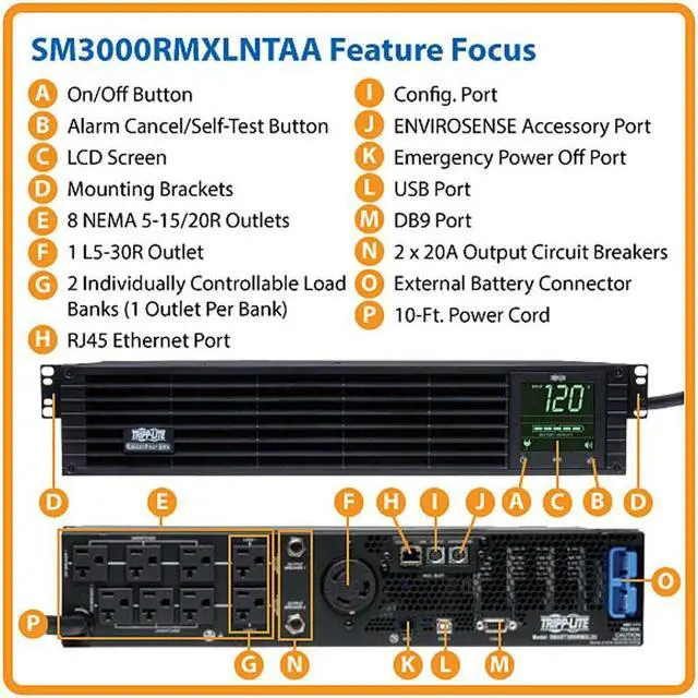 Alt view image 4 of 14 - TRIPP LITE SmartPro SM3000RMXLNTAA 3000VA 2250W 9 Outlets UPS