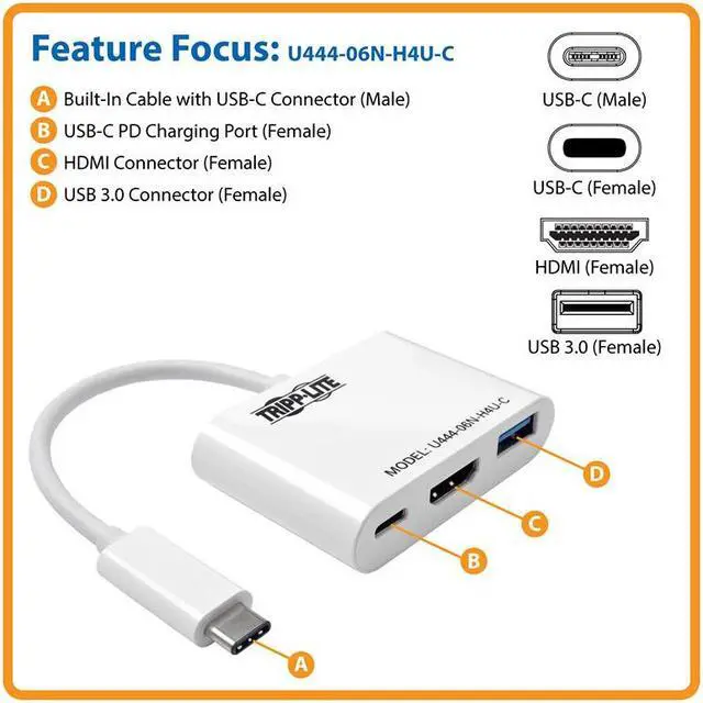 Alt view image 4 of 20 - Tripp Lite USB C to HDMI Multiport Adapter Converter Hub USB Type C to HDMI (U444-06N-H4U-C)