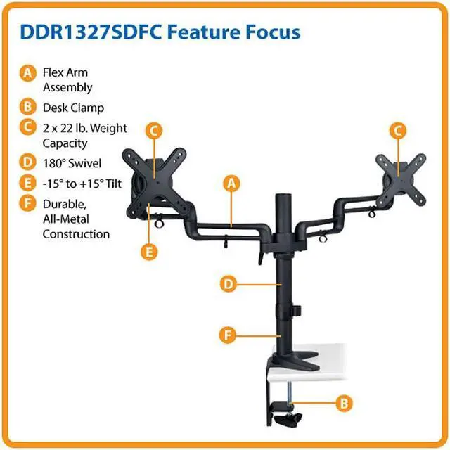 Alt view image 3 of 16 - TRIPP LITE DDR1327SDFC Black 13" - 27" Dual Full-Motion Flex Arm Desk Clamp for Flat-Screen Displays