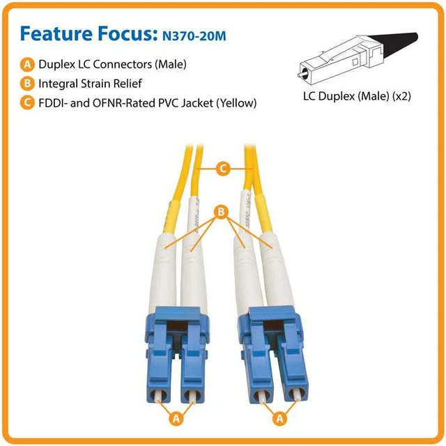 Alt view image 2 of 13 - Tripp Lite N370-20M 65 ft. 20M Duplex Singlemode SSF 8.3/125 Fiber Patch Cable LC/LC 65'