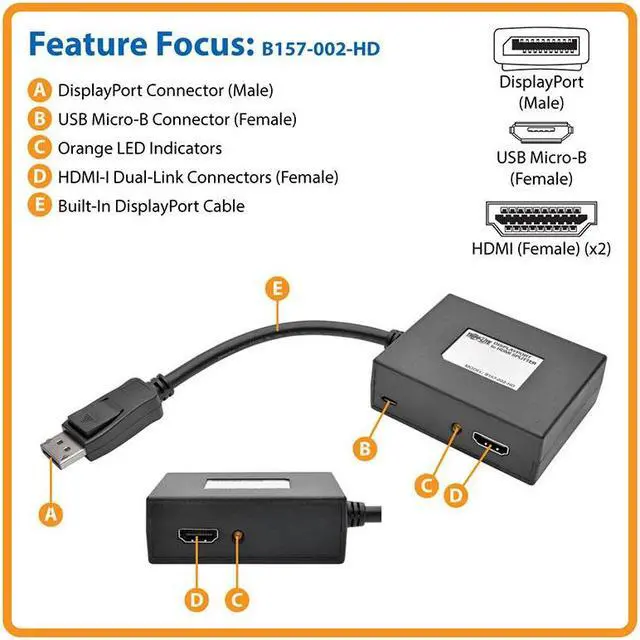 Alt view image 4 of 20 - Tripp Lite B157-002-HD 2-Port DisplayPort to HDMI Splitter