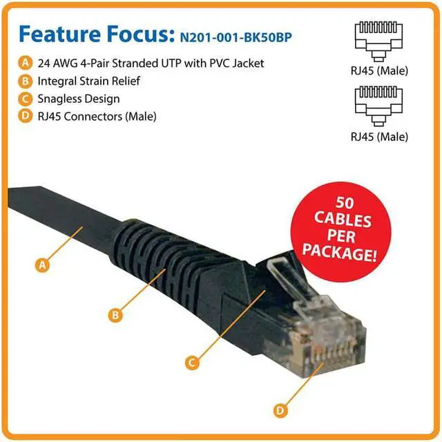Alt view image 4 of 12 - TRIPP LITE CONNECTIVITY N201-001-BK50BP 1FT CAT6 PATCH CABLE M/M BLACK
