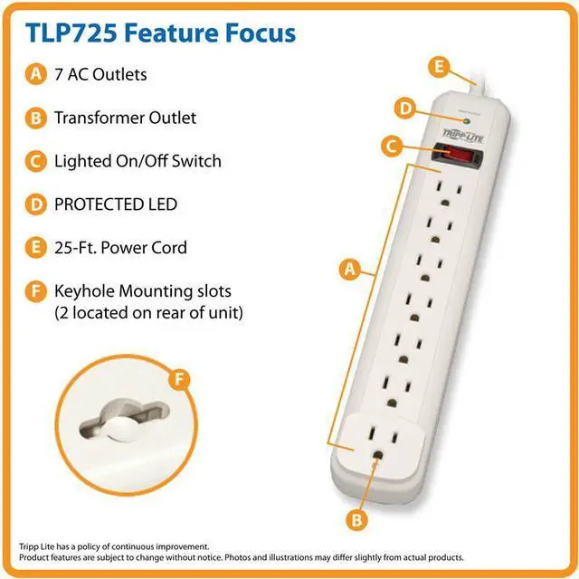 Alt view image 3 of 19 - Tripp Lite TLP725 7 Outlets 1080 Joules 25' Cord Protect It! Surge Suppressor