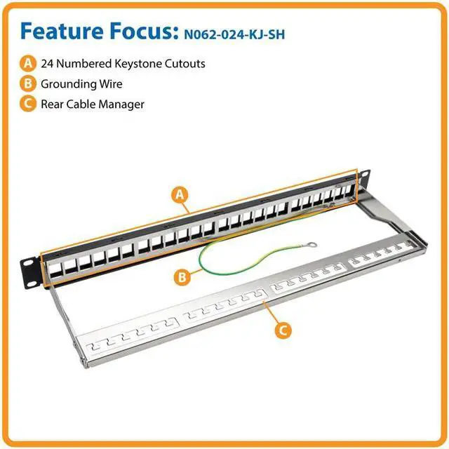 Alt view image 4 of 13 - Tripp Lite 1U Patch Panel Rackmount 24-Port Shielded Blank Keystone, Multimedia, RJ45 Ethernet, USB, HDMI Cat5e Cat6 (N062-024-KJ-SH)
