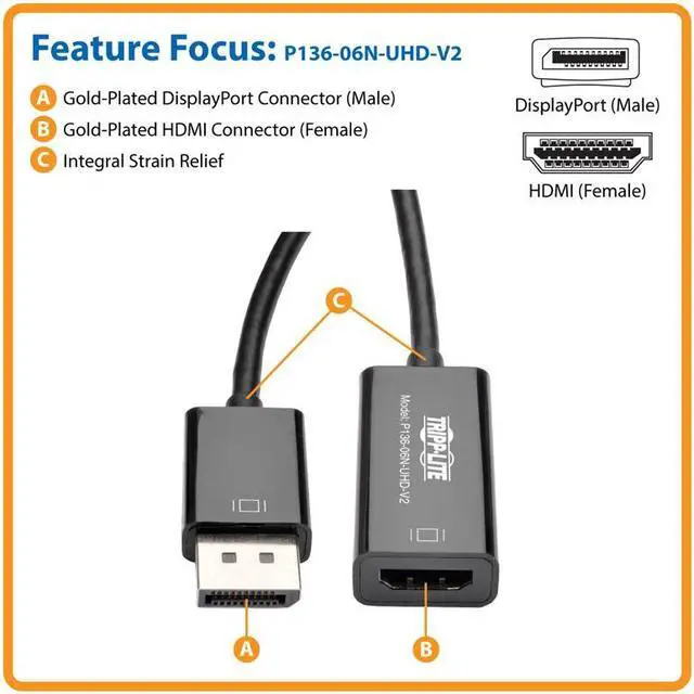 Alt view image 4 of 20 - Tripp Lite DisplayPort to HDMI Active Cable Adapter, DP 1.2, Converter for DP to HDMI (M/F), UHD 4K x 2K/1080p, 6 in. (P136-06N-UHD-V2)