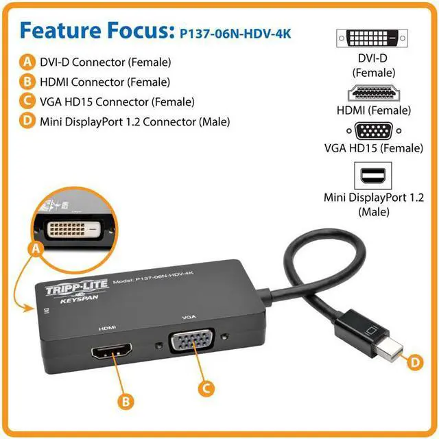 Alt view image 3 of 16 - Tripp Lite 6In Mini Displayport To Vga / Dvi / Hdmi Adapter Converter 4Kx 2K 6"